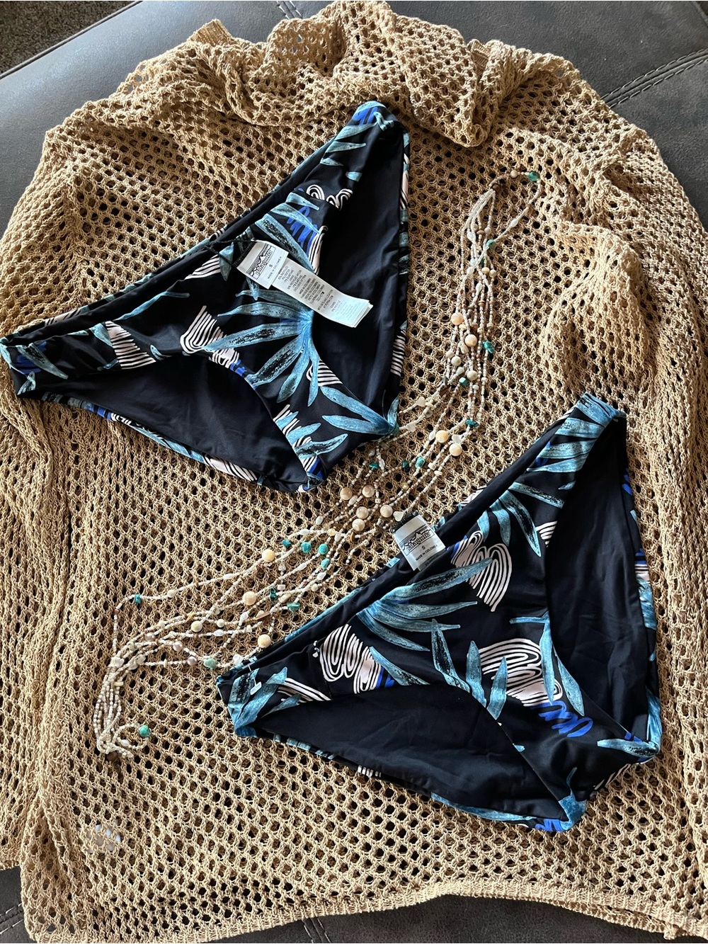 Patagonia Black Bikini Bottoms with Teal & Blue Leaf Print